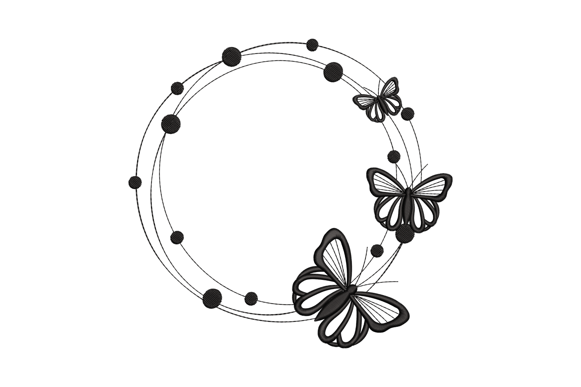 Minimal butterfly circle frame embroidery in black outline, three butterflies climbing a triple-ring circle with dot border