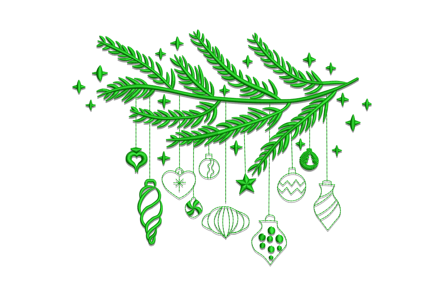Minimal dark green pine branch with 9 outline ornaments hanging below on thread lines, monochrome christmas embroidery design