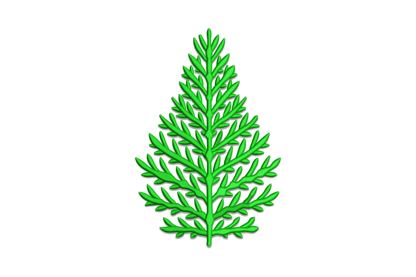 Botanical Christmas tree embroidery in solid green. Layered branch sprigs, no ornaments or trunk, single color, 5 sizes.