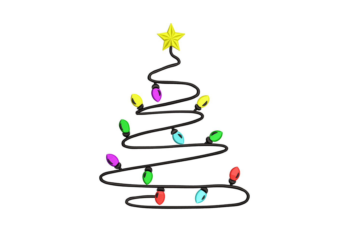 Minimal Christmas tree embroidery made from a single black spiral cord with colorful light bulbs and a gold star topper, modern neon-style design