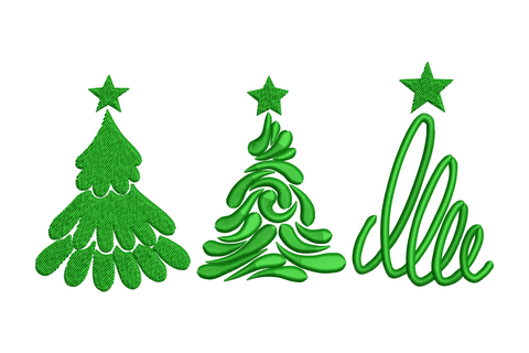 Minimal Christmas tree trio embroidery design, three trees in different styles, solid fill, swirly modern and open outline, single green thread