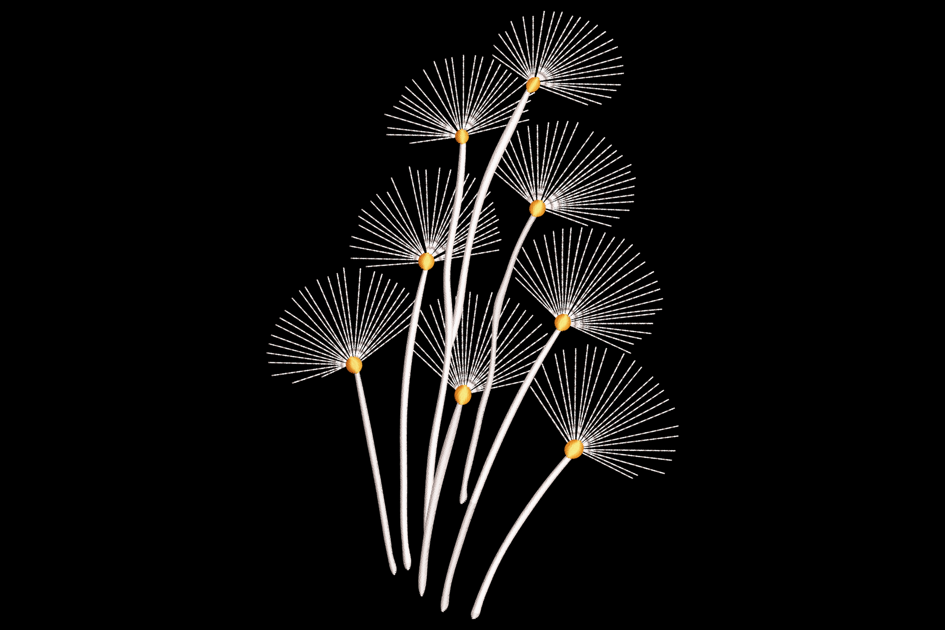 Minimal dandelion seed embroidery with nine white radial puffs and tiny yellow centres on long curving stems.