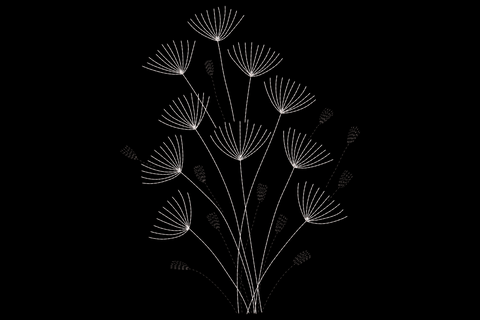 Minimal dandelion silhouette embroidery, cluster of seed heads on thin stems, scattered floating seeds, black and white line art style.