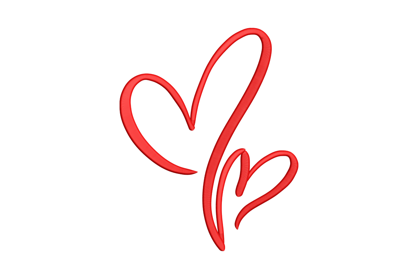 Minimal double heart line art valentine embroidery design, two intertwined hearts in red single-line outline, no fill.