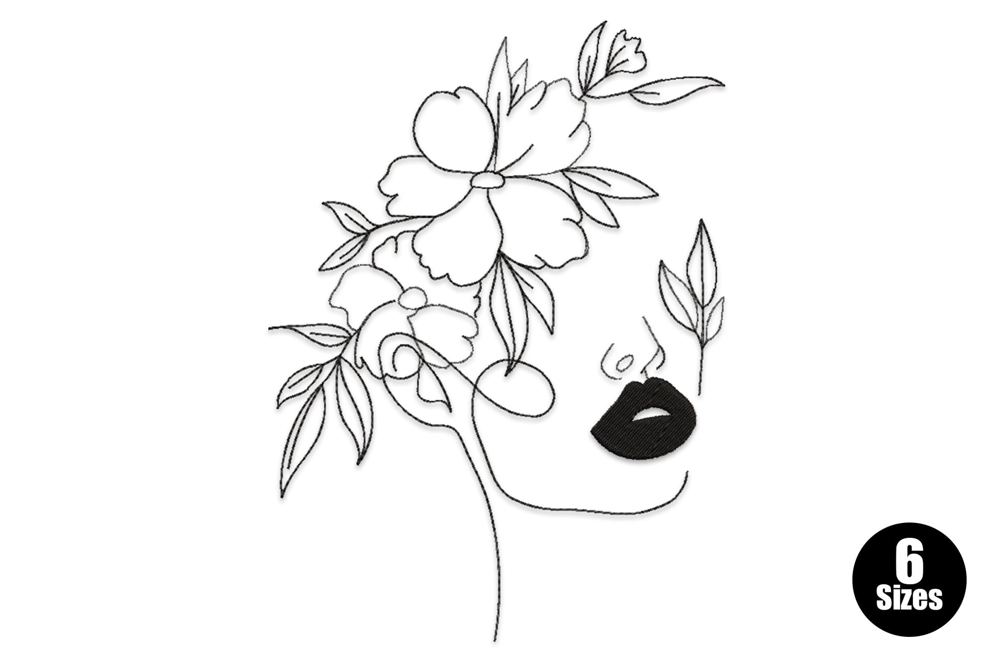 Minimal female portrait embroidery design with continuous outline face, filled satin lips and open peony bouquet above the head in single black thread.