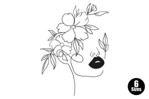 Minimal female portrait embroidery design with continuous outline face, filled satin lips and open peony bouquet above the head in single black thread.