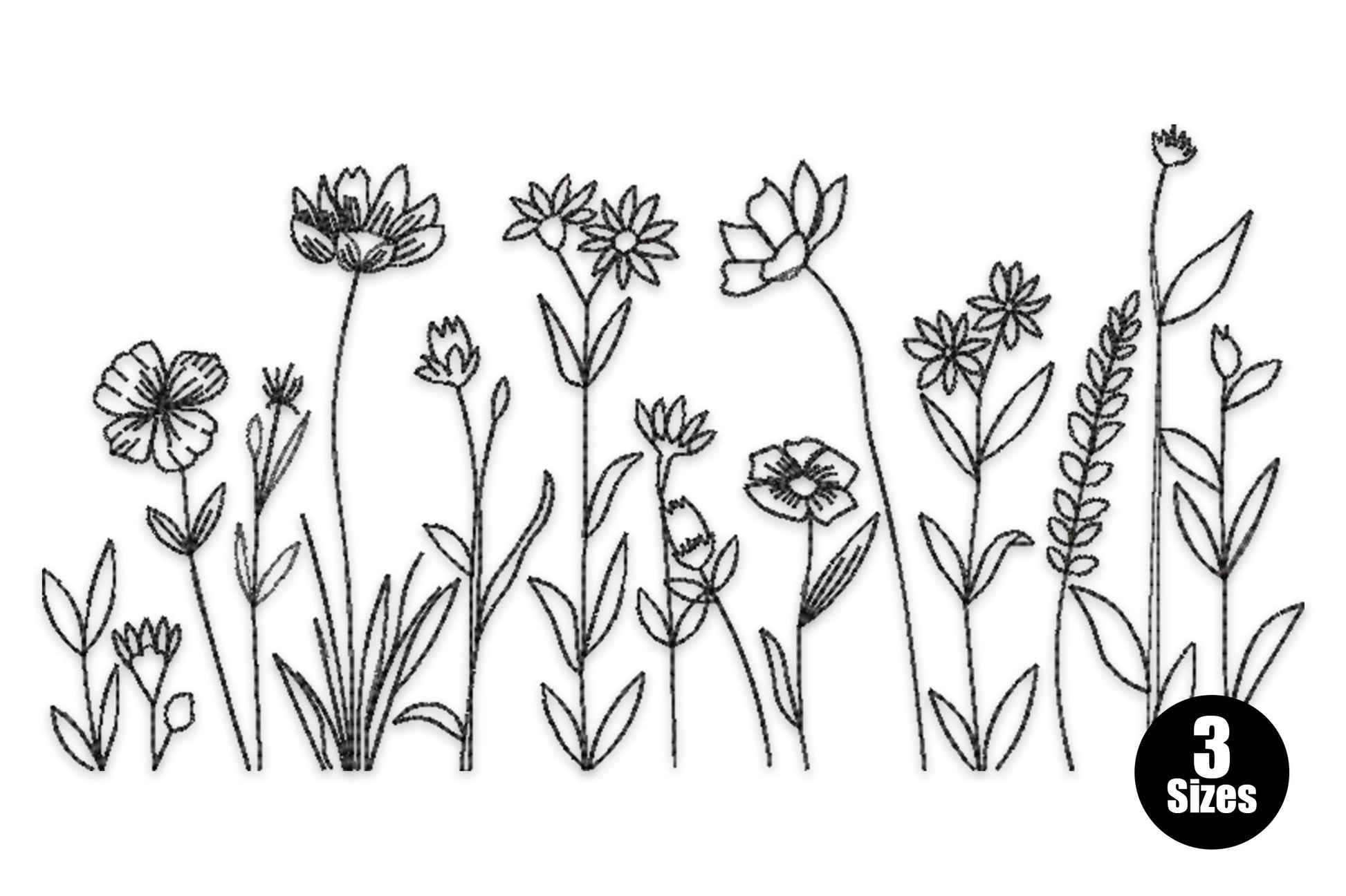 Minimal floral meadow outline embroidery design, single colour running stitch botanical scene with stems and blooms