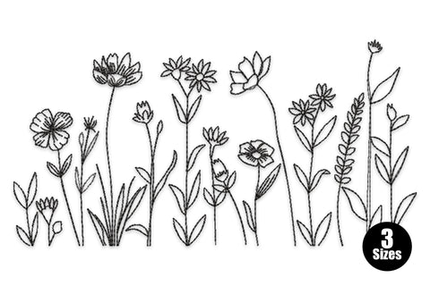 Minimal floral meadow outline embroidery design, single colour running stitch botanical scene with stems and blooms