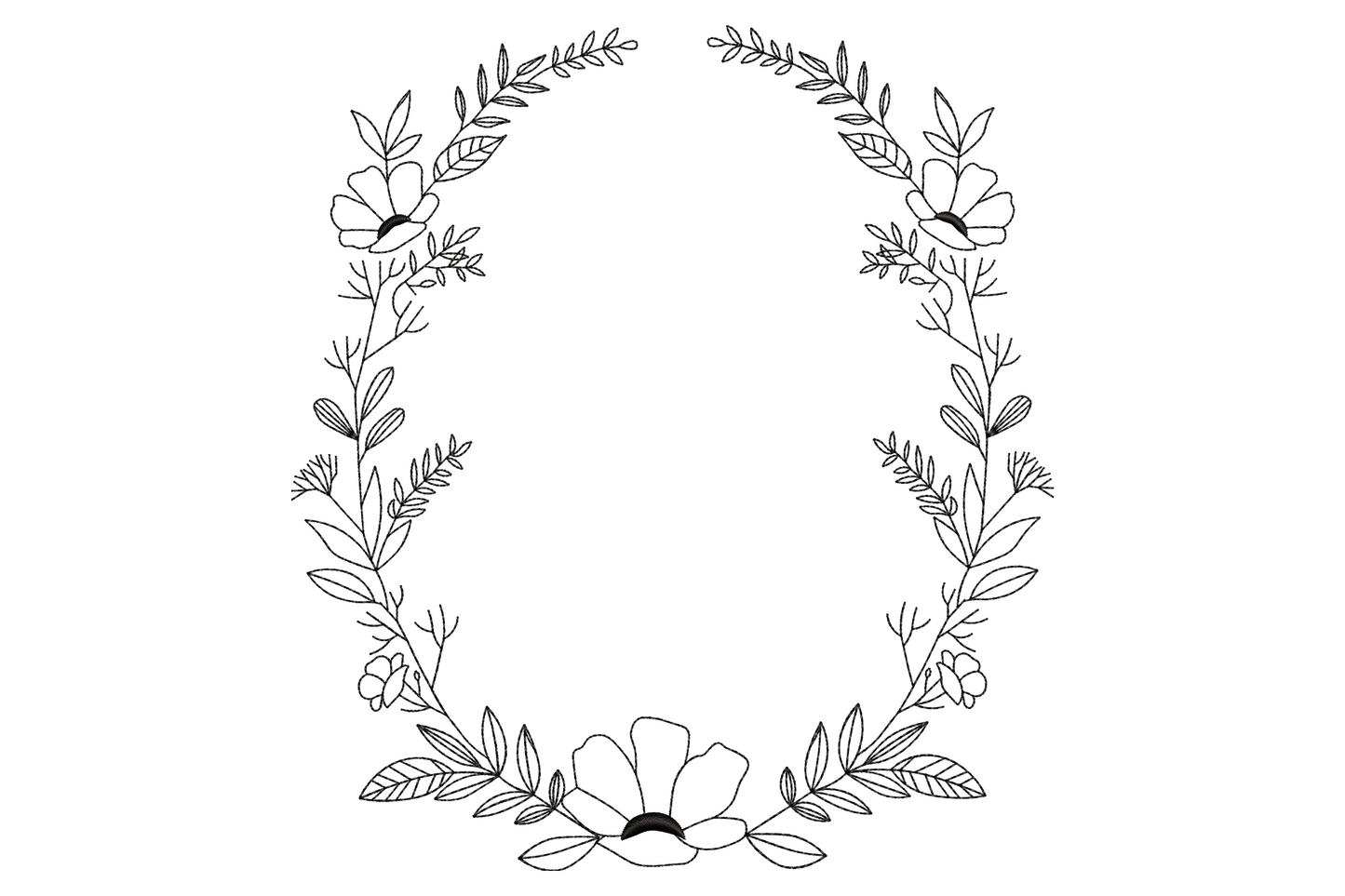 Minimal botanical flower frame embroidery in single-color black outline with small five-petal flowers and leaf sprigs forming an open oval wreath arch.