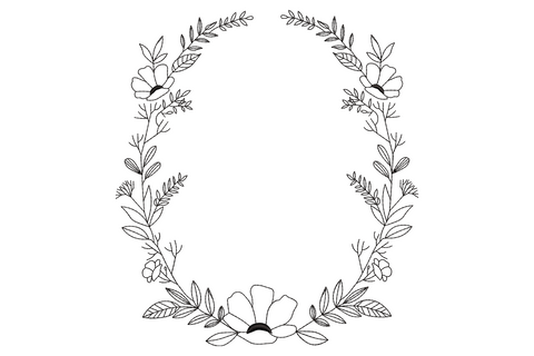 Minimal botanical flower frame embroidery in single-color black outline with small five-petal flowers and leaf sprigs forming an open oval wreath arch.