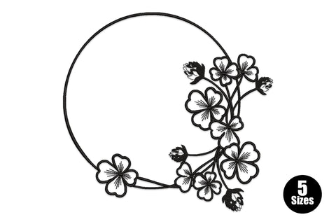 Minimal flower wreath line art embroidery design with open four-petal blooms and thin stem clusters on a single-stroke circle outline.