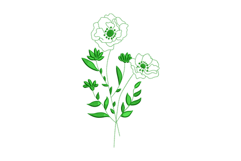 Minimal green floral stem embroidery design with outlined poppy blooms and satin leaf stems, single colour, 5 sizes 3699 to 7092 stitches