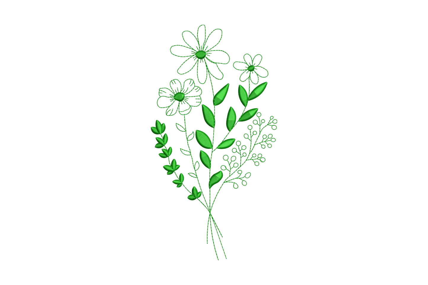 Minimal green wildflower bouquet embroidery design, outline cosmos daisies and berry sprigs, single colour, 5 sizes 2964 to 5898 stitches