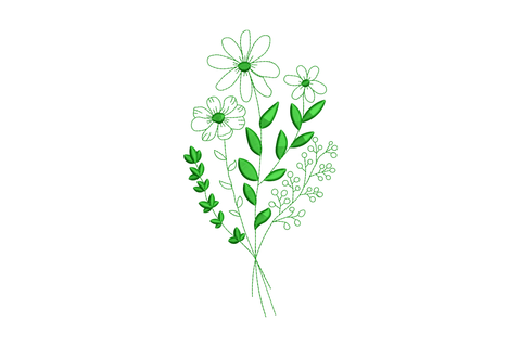 Minimal green wildflower bouquet embroidery design, outline cosmos daisies and berry sprigs, single colour, 5 sizes 2964 to 5898 stitches