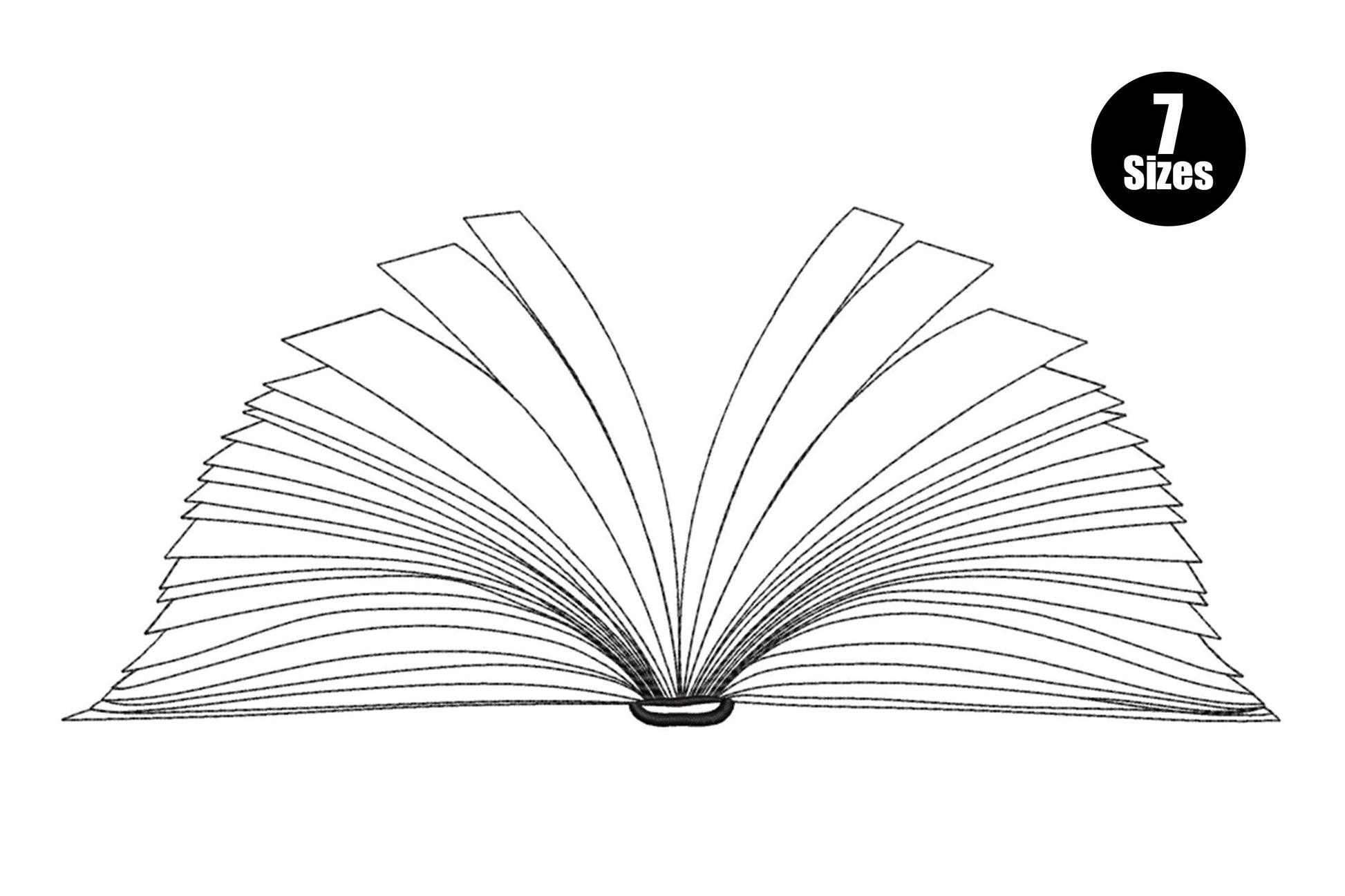 Minimal line art open book embroidery design with pages fanning wide from a central spine, all-black single thread on white.