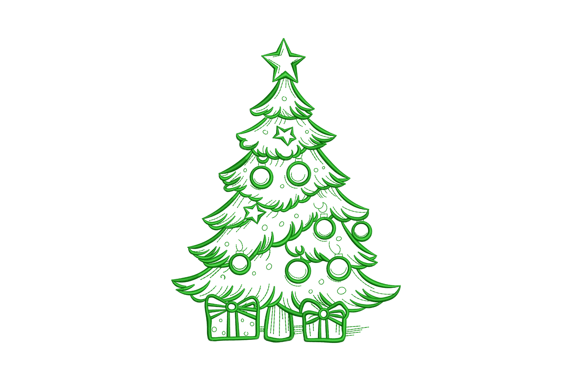 Minimal line art christmas tree outline with gift boxes at the base, single colour geometric embroidery design