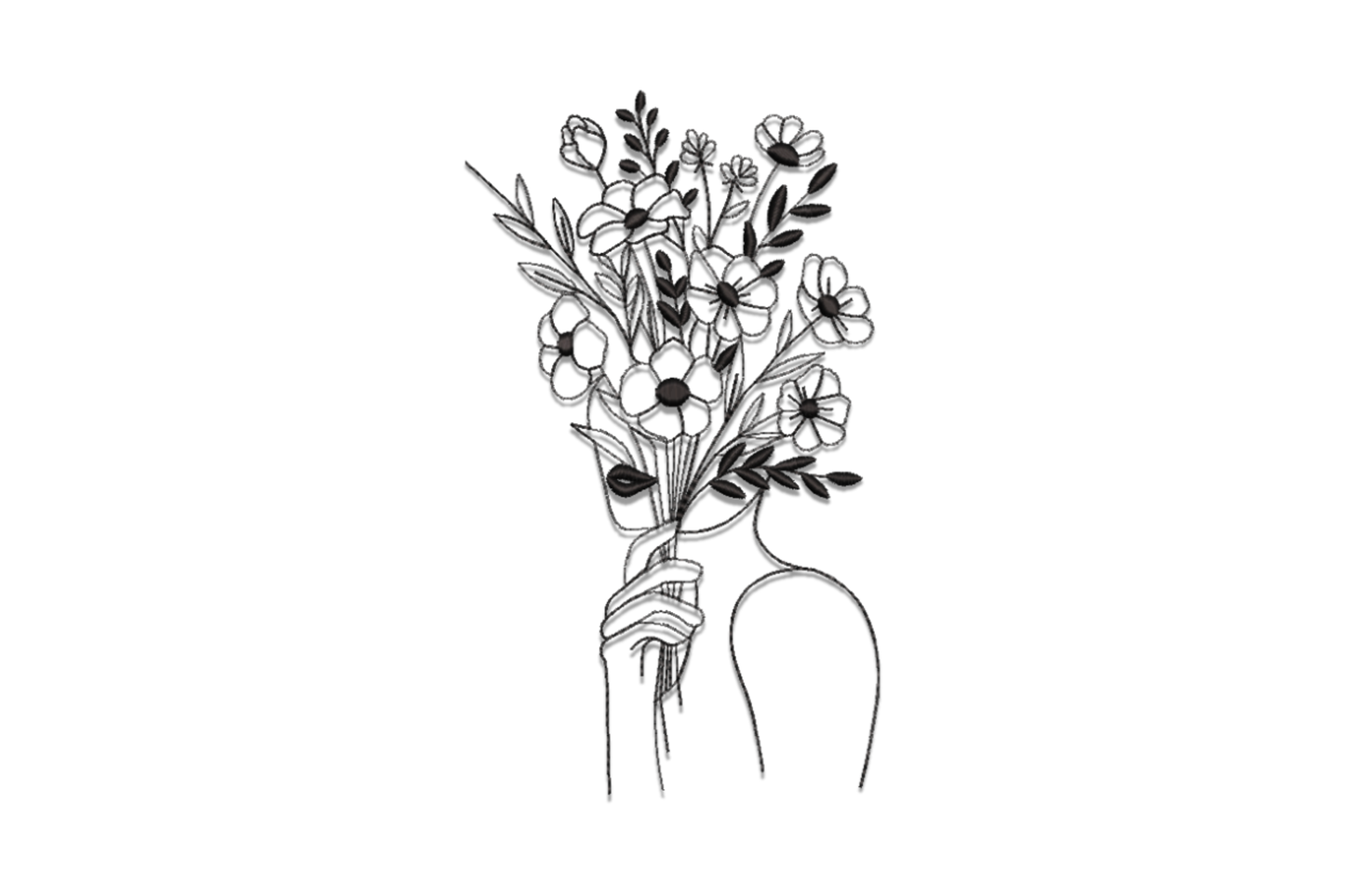 Minimal line art flower bouquet embroidery, single black outline of female figure holding wild bouquet with poppies and seed pods