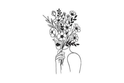 Minimal line art flower bouquet embroidery, single black outline of female figure holding wild bouquet with poppies and seed pods