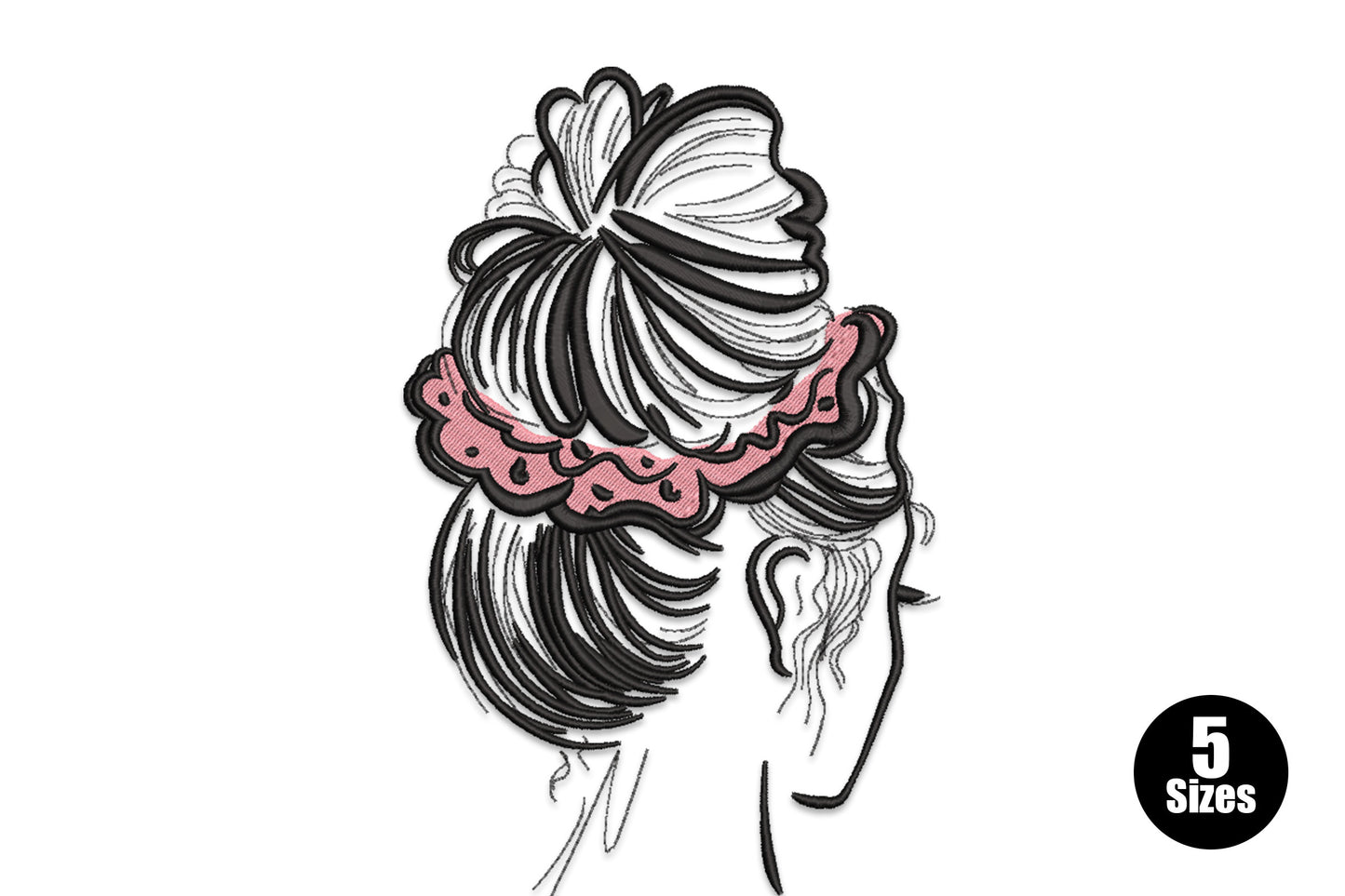 Minimal line art embroidery design of a woman from behind with a loose messy bun and oversized pale pink scrunchie, rendered in black thread linework.