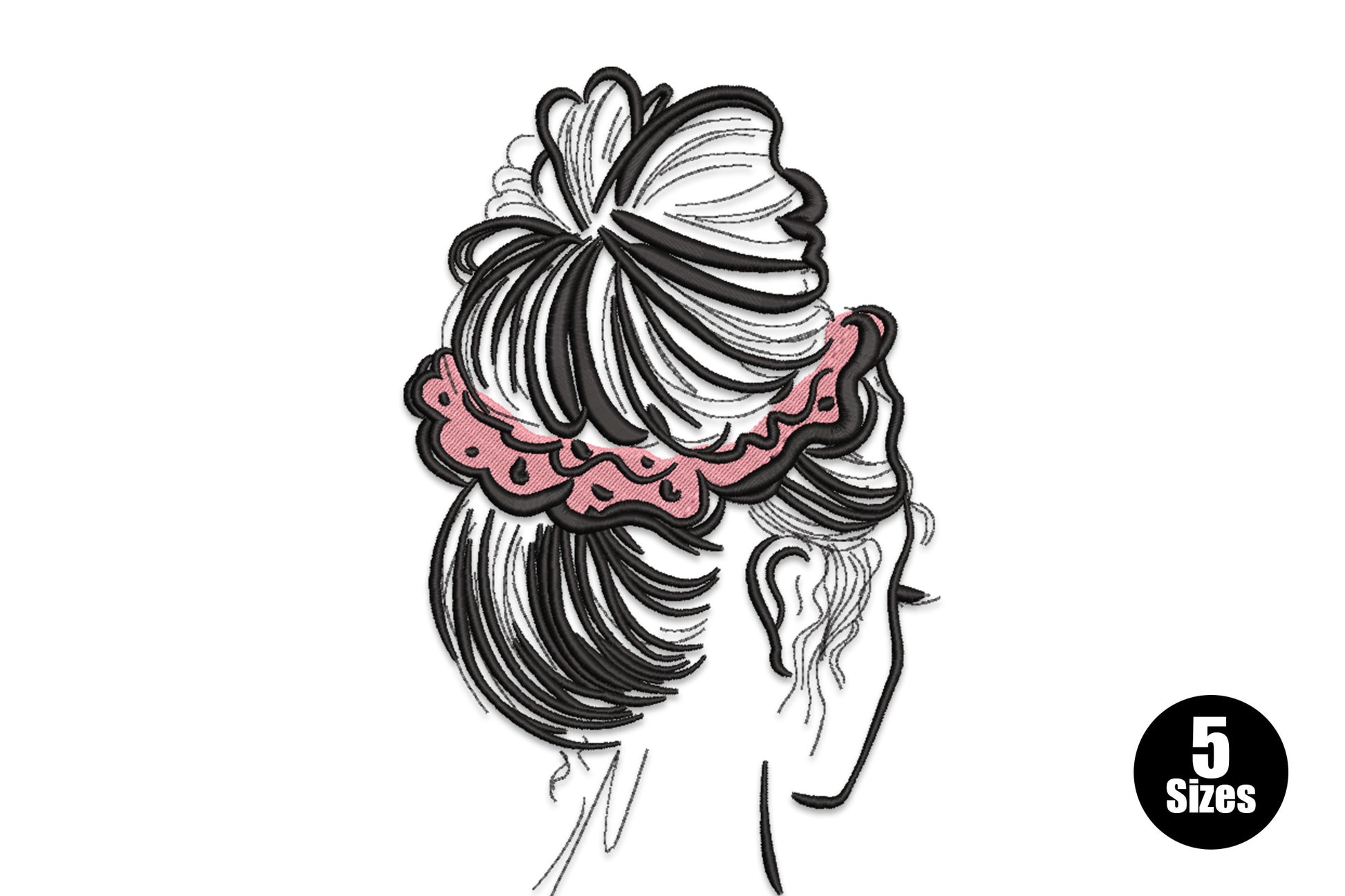 Minimal line art embroidery design of a woman from behind with a loose messy bun and oversized pale pink scrunchie, rendered in black thread linework.