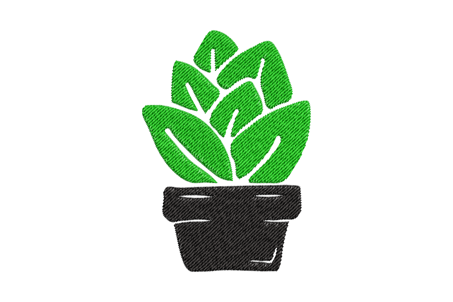 Minimal potted leaf plant embroidery design, three broad ivory leaves in a simple straight-sided pot on navy fabric.