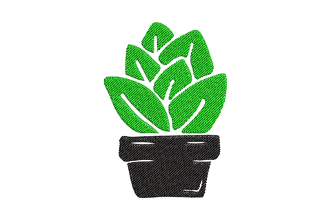 Minimal potted leaf plant embroidery design, three broad ivory leaves in a simple straight-sided pot on navy fabric.