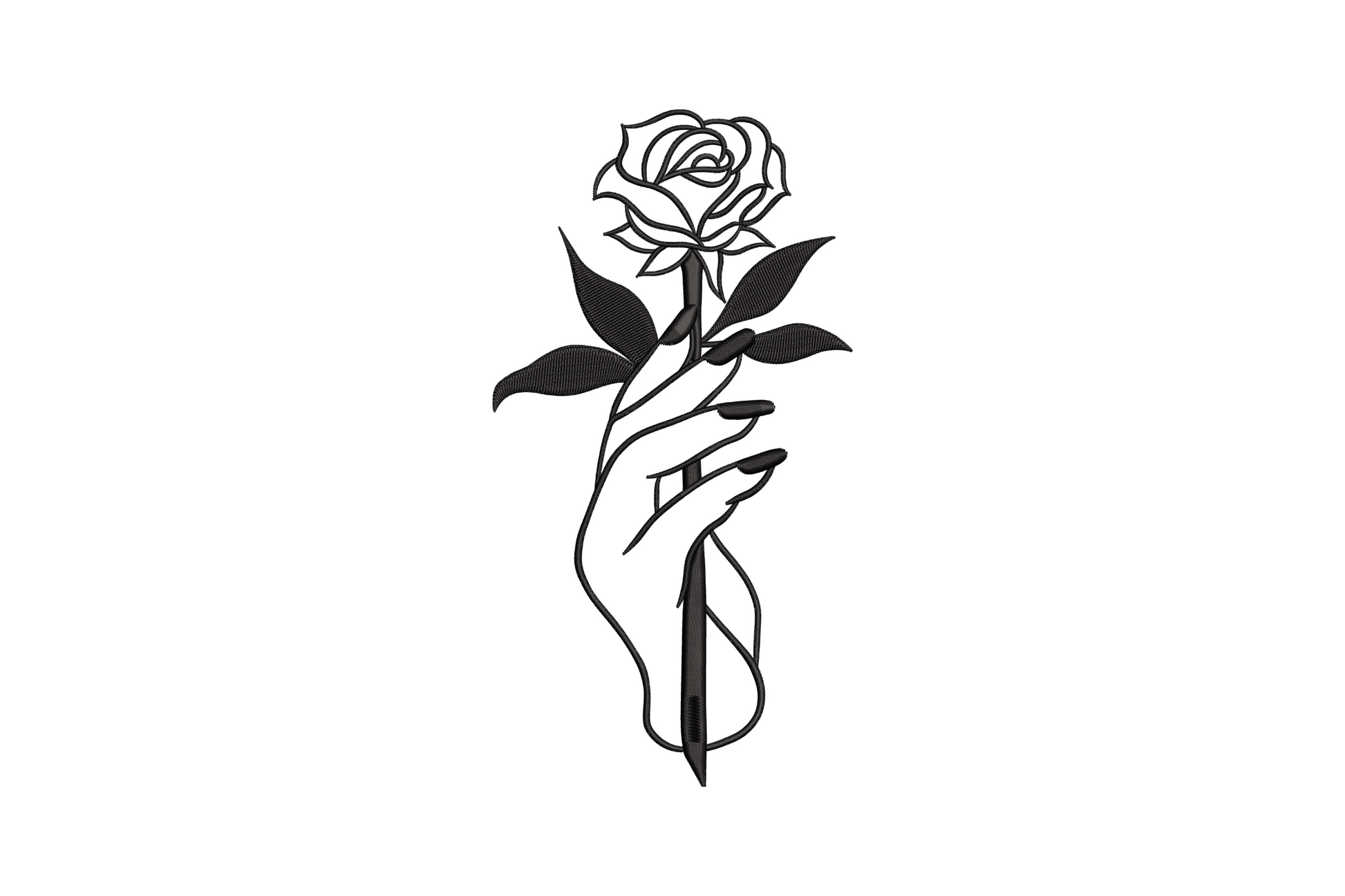 Minimal rose hand line art embroidery design showing a slender hand holding a rose in single black outline with no fill, tall vertical composition.