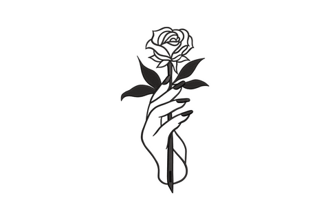 Minimal rose hand line art embroidery design showing a slender hand holding a rose in single black outline with no fill, tall vertical composition.