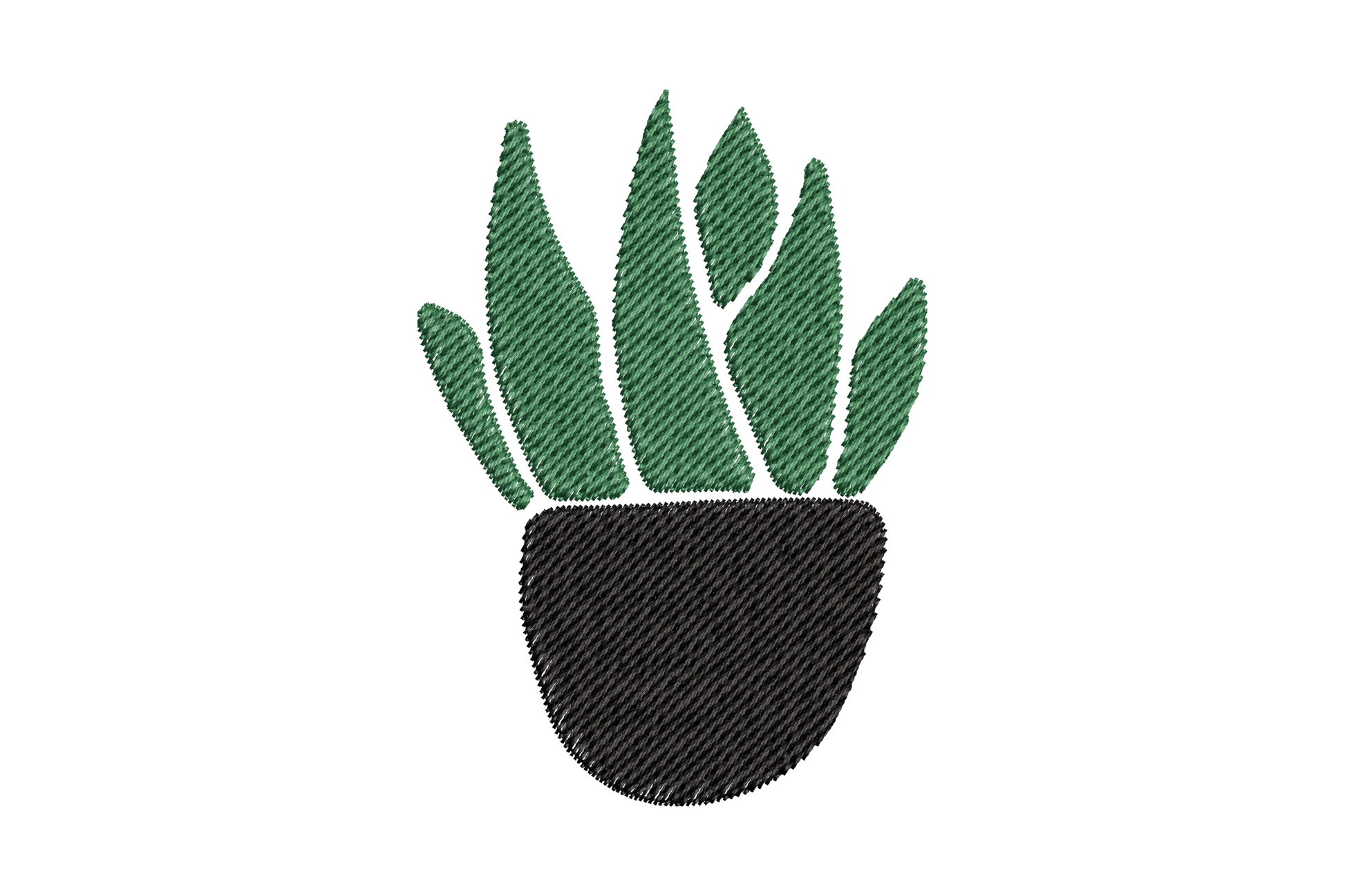 Minimal snake plant pot embroidery design, upright dark olive blades in a cream low pot with clean satin fills.