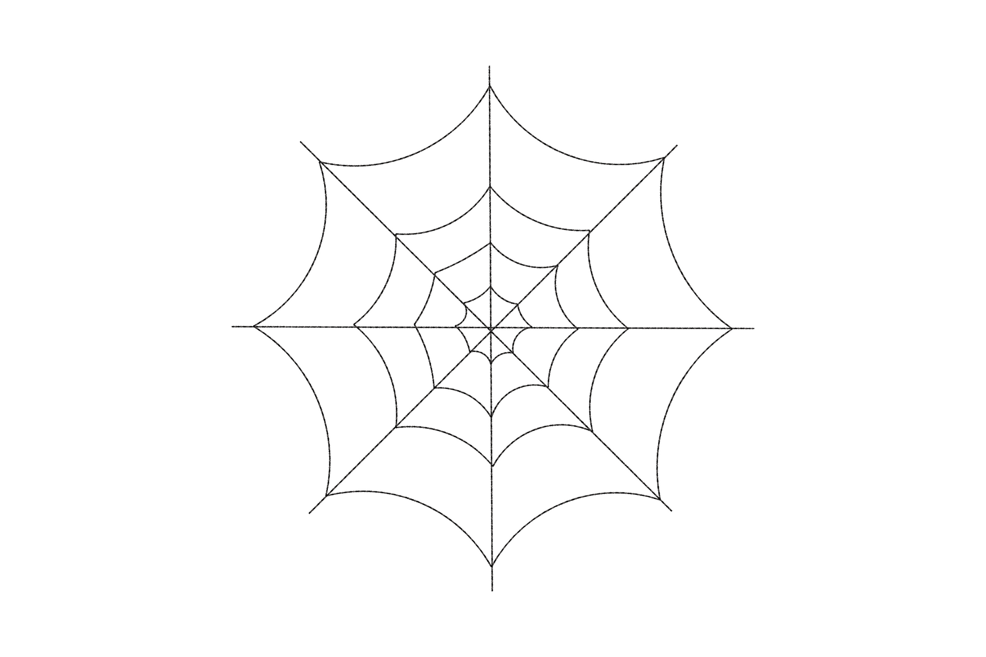 Minimal geometric spider web embroidery with four radial threads and three ring connections, open structure single colour Halloween design