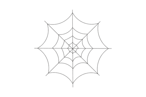 Minimal geometric spider web embroidery with four radial threads and three ring connections, open structure single colour Halloween design