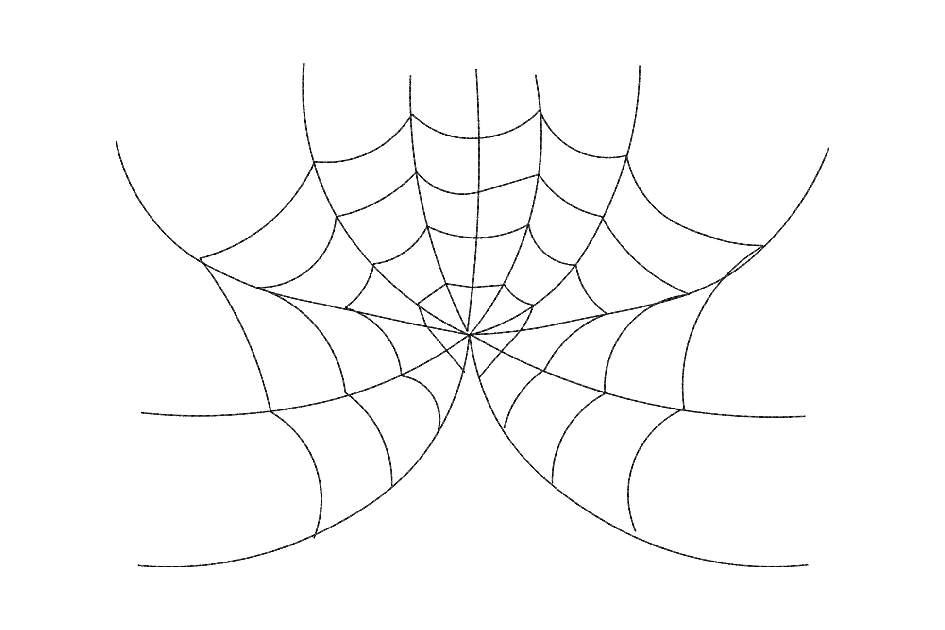 Minimal spider web line art embroidery, thin radial threads and concentric rings, clean geometric Halloween design with no fill