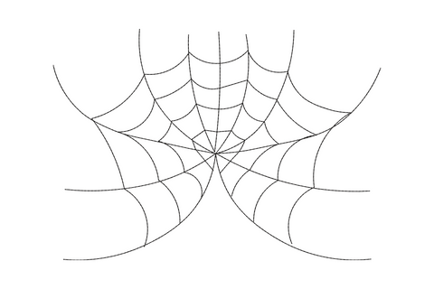 Minimal spider web line art embroidery, thin radial threads and concentric rings, clean geometric Halloween design with no fill