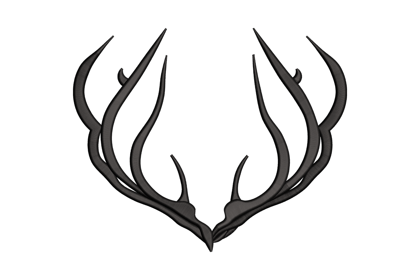 Minimal stag antlers silhouette embroidery design, sharp angular tines in black satin fill, no head or flowers, clean graphic woodland style