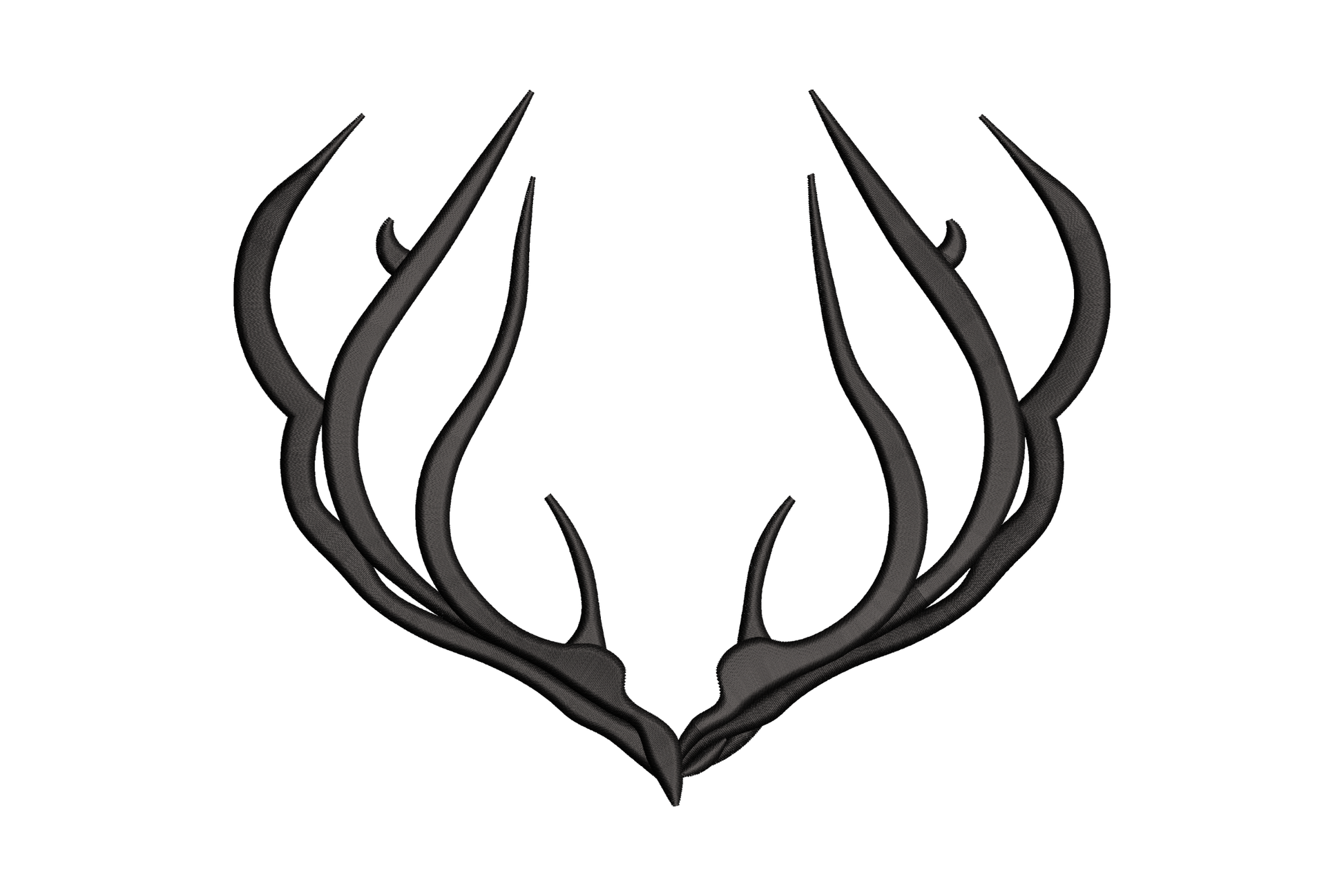Minimal stag antlers silhouette embroidery design, sharp angular tines in black satin fill, no head or flowers, clean graphic woodland style