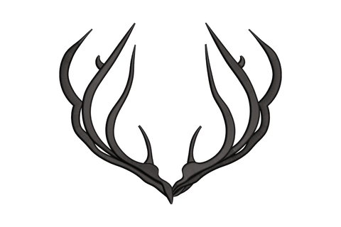 Minimal stag antlers silhouette embroidery design, sharp angular tines in black satin fill, no head or flowers, clean graphic woodland style