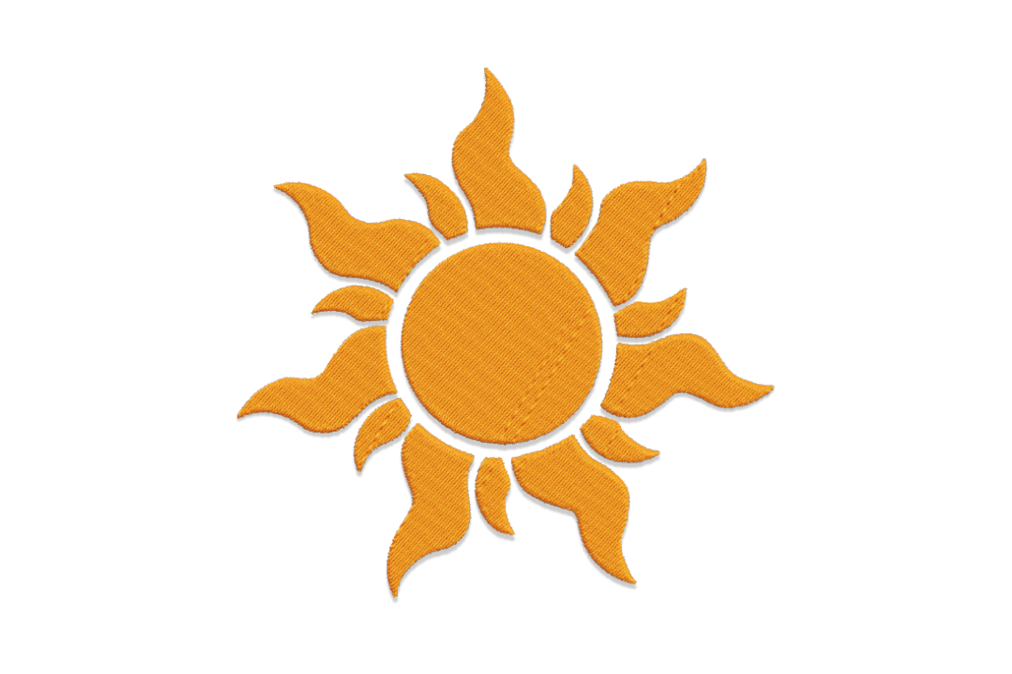 Minimal sun embroidery design in single orange thread with tatami-filled centre disc and slightly irregular pointed rays on white fabric
