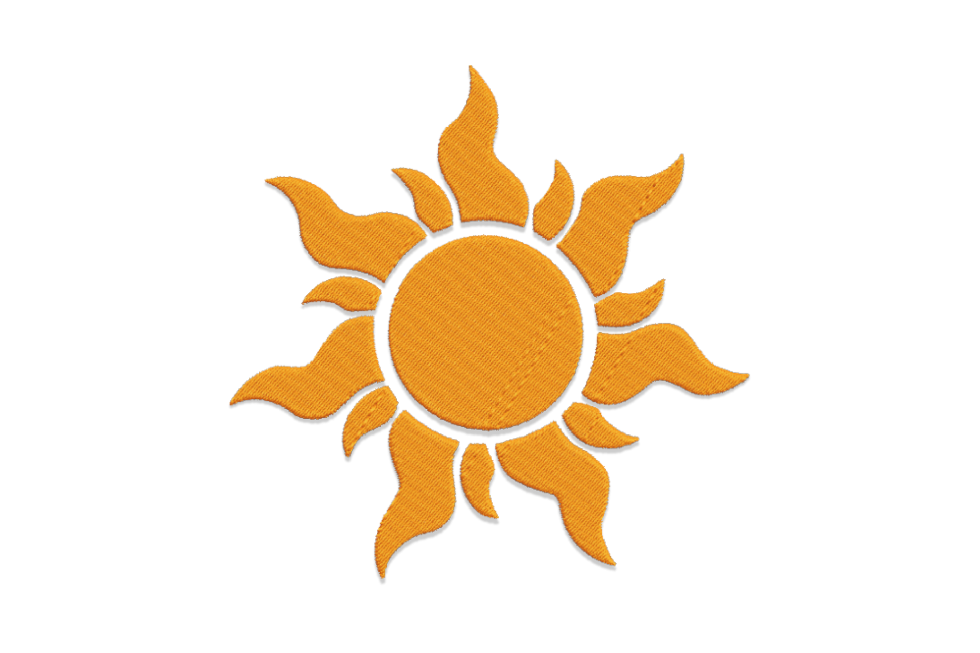 Minimal sun embroidery design in single orange thread with tatami-filled centre disc and slightly irregular pointed rays on white fabric