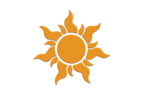 Minimal sun embroidery design in single orange thread with tatami-filled centre disc and slightly irregular pointed rays on white fabric