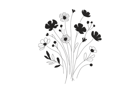 Minimal black wildflower bouquet embroidery design with cosmos, daisy outlines and grass stems, 5 sizes 4201 to 9469 stitches