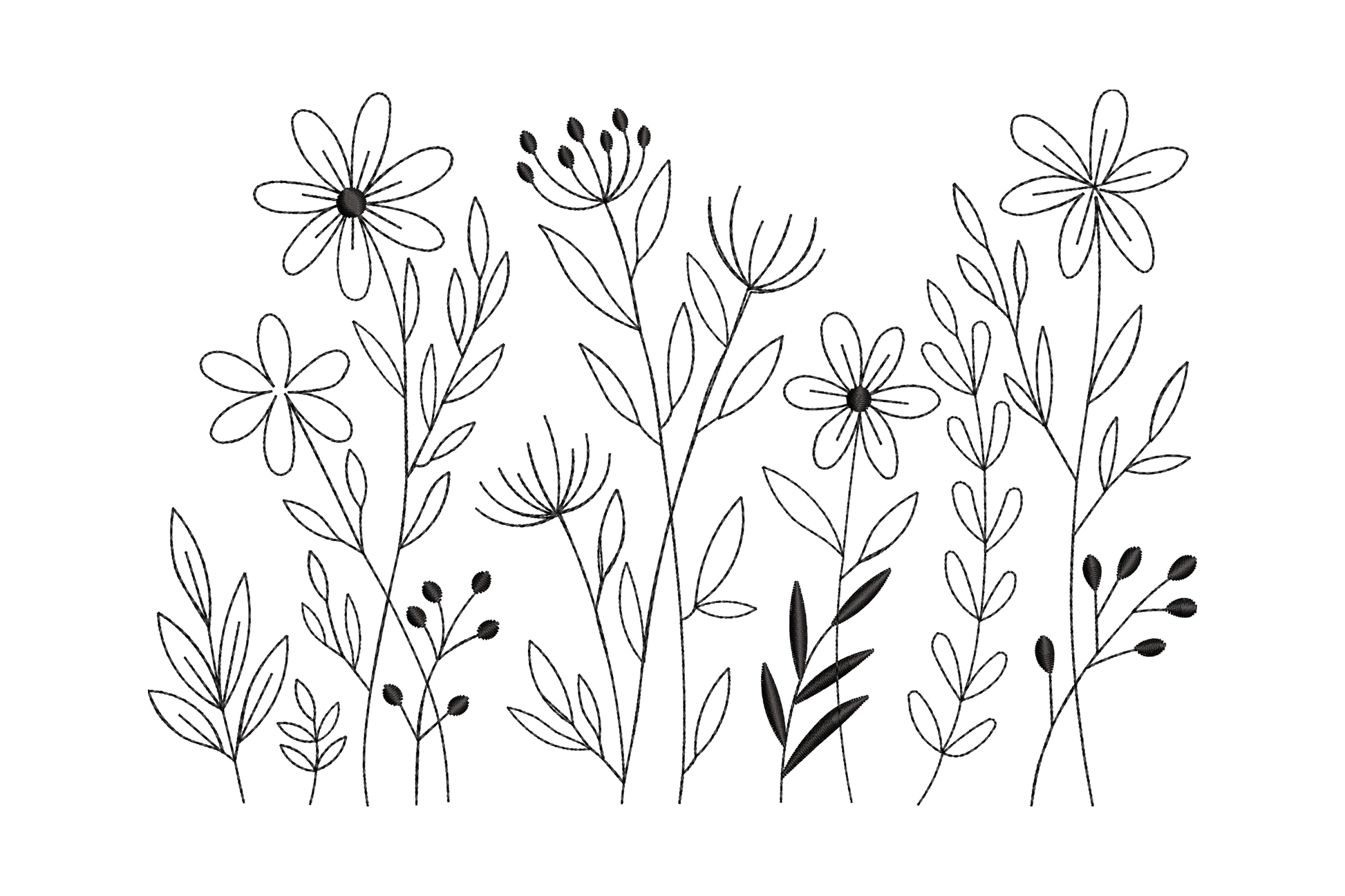 Minimal wildflower line art embroidery design in single colour outline style with daisy blooms and stems, 4 sizes
