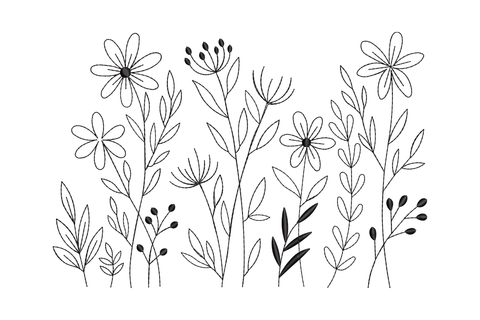 Minimal wildflower line art embroidery design in single colour outline style with daisy blooms and stems, 4 sizes