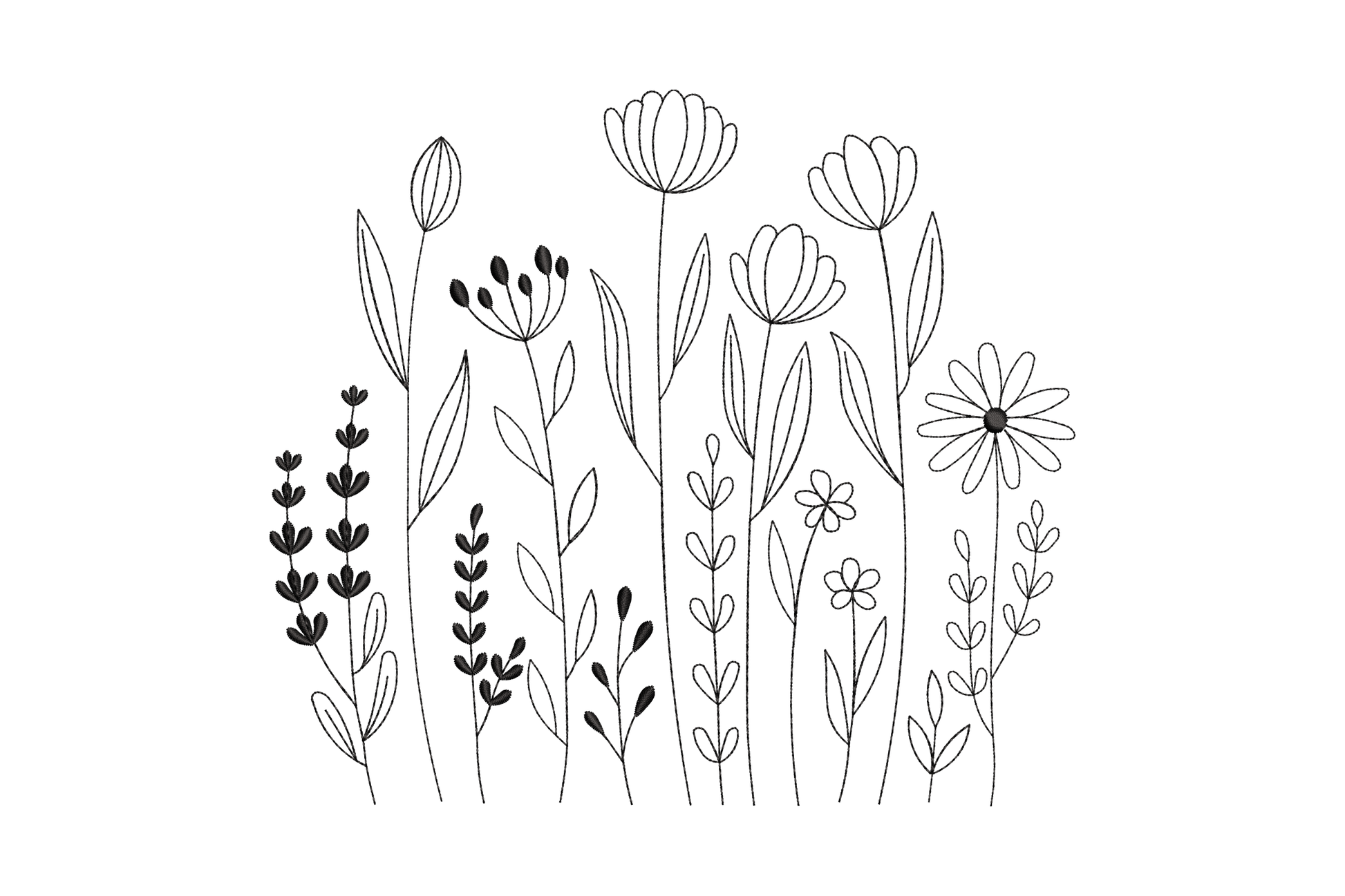 Minimal wildflower meadow line art embroidery with tall stems, lavender, lotus blooms and daisy in single colour, 5 sizes