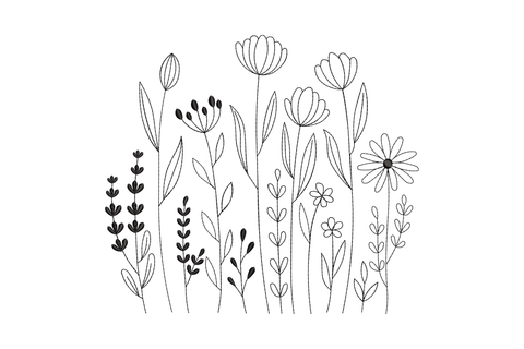 Minimal wildflower meadow line art embroidery with tall stems, lavender, lotus blooms and daisy in single colour, 5 sizes