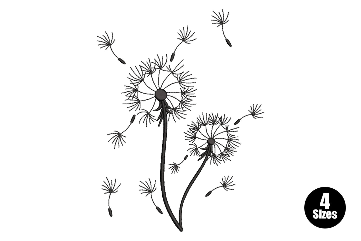 Minimal dandelion wildflower embroidery design in single black linework with floating seeds drifting from the stem head.