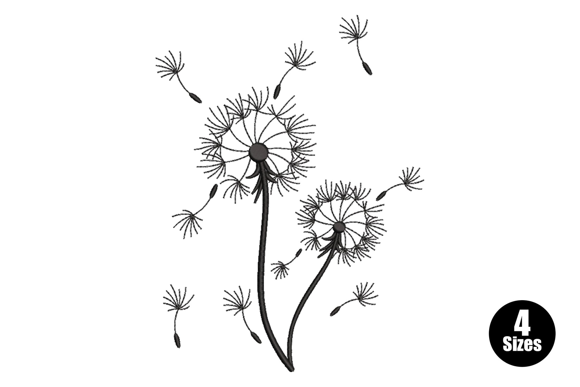 Minimal dandelion wildflower embroidery design in single black linework with floating seeds drifting from the stem head.