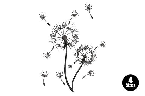 Minimal dandelion wildflower embroidery design in single black linework with floating seeds drifting from the stem head.