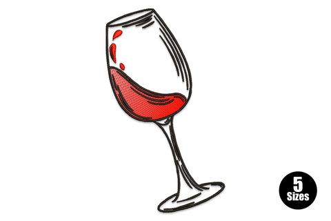 Minimal wine glass embroidery design, tilted glass with red wine bowl and two drops, bold black outline on white fabric.