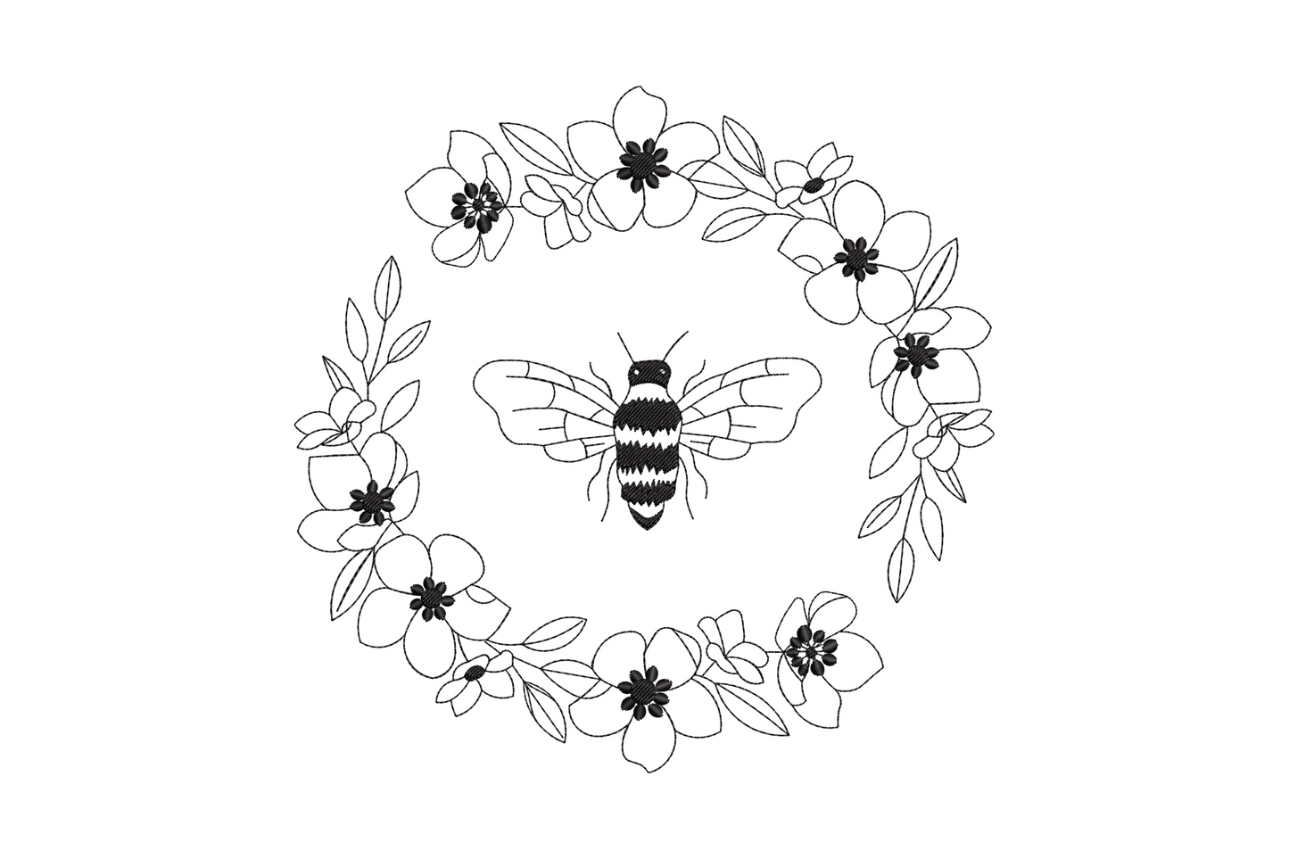 Bee floral wreath line art embroidery design, circular ring of apple blossoms and leaves with detailed bee centred.