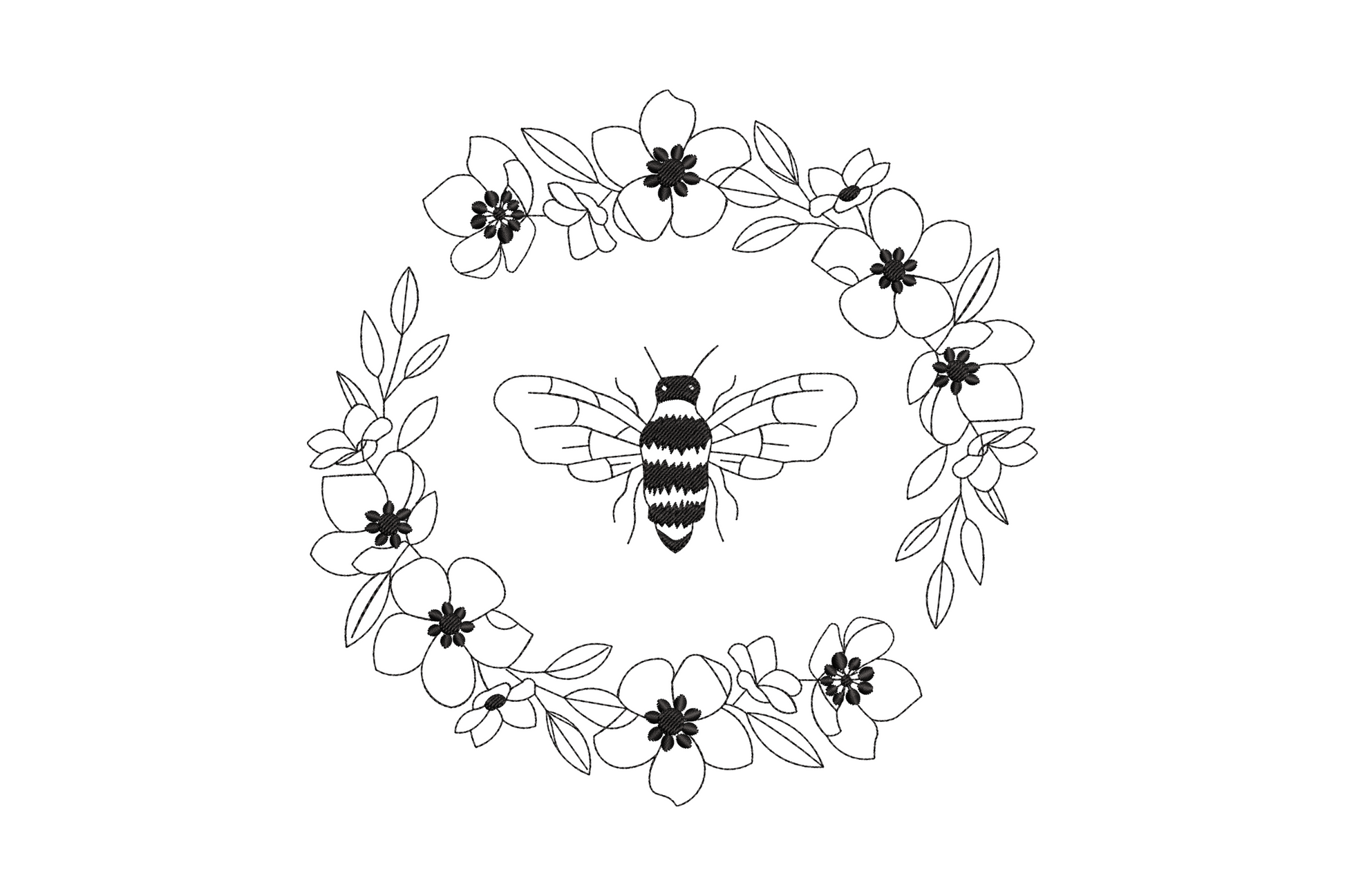 Bee floral wreath line art embroidery design, circular ring of apple blossoms and leaves with detailed bee centred.